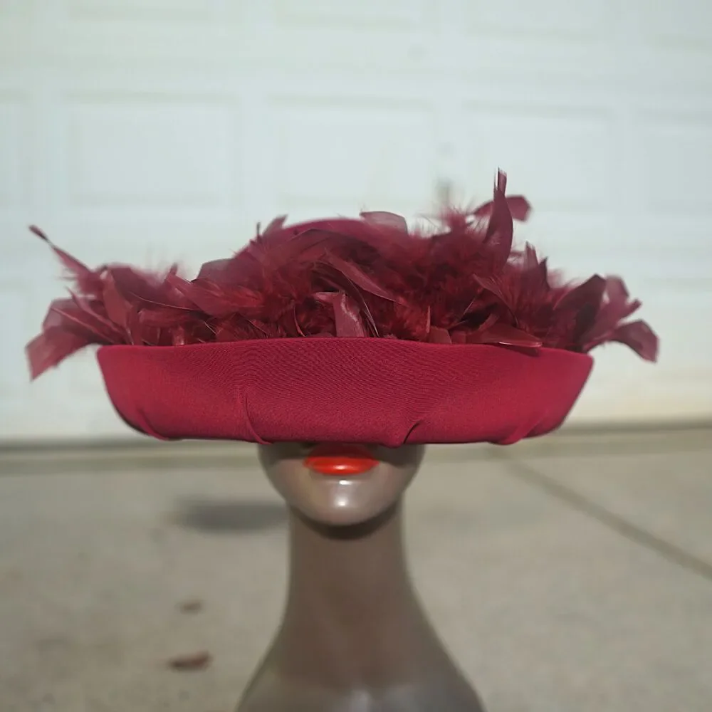 Vintage Gilbert and Ivy Burgundy Wool Feather Pillbox Hat / Fascinator